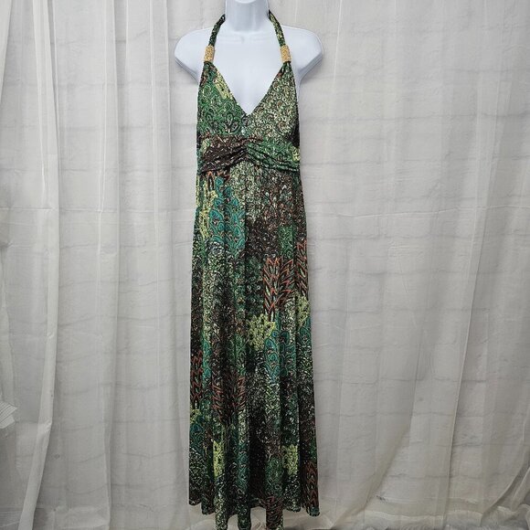 Claudia Richard Green Brown Retro Maxi Dress Halter Beaded Hippie Festival L - Picture 12 of 12